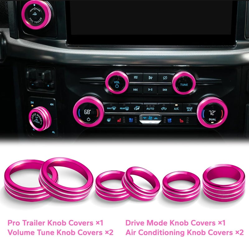 Polodunn for Ford F150 Accessories 2021-2025 2026 & Super Duty F250 F350 F450 2023-2026, 9pcs Aluminum Alloy Knob Cover Trim Set - Push Start, A/C, Volume, Headlight, Trailer & Drive Mode (Rose Red) - Image 3